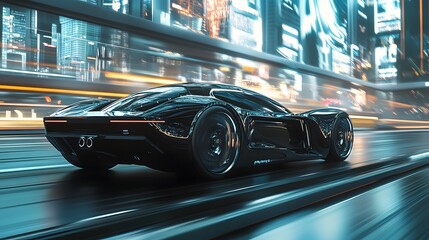 Obraz premium black futuristic electric car very fast driving in sci fi sity, town. Concept of future. 3d rendering. 