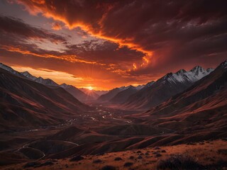 A sky filled with deep red and orange tones as the sun sets behind mountains, casting a dramatic, almost apocalyptic glow over the landscape
