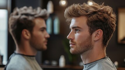 Naklejka premium Young Man with Stylish Haircut in Barbershop Setting