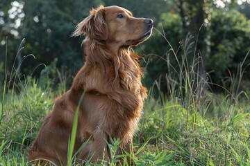 Heavenly Journey: A Golden Retriever's Peaceful Passage through a Lush Landscape