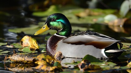 Fototapeta premium A mallard duck gracefully glides over the serene waters of a lily-covered pond at noon