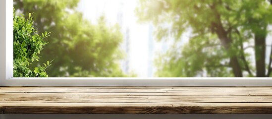 Naklejka premium Wooden table top, white window, blurred green trees, product display, presentation mock-up, background template.