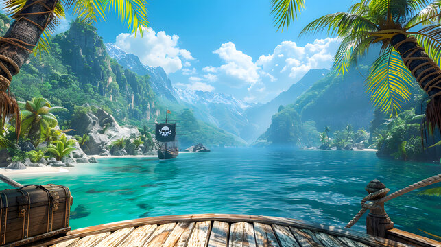 A background view from a pirate ship's deck looking towards a tropical island with a hidden Corsair treasure chest, featuring a battleship with a skull and crossbones flag