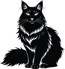 Maine coon cat silhouette vector art icon and logo black and white illustration design