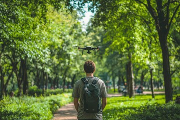 Man with a Backpack Watching a Drone Fly in a Park
