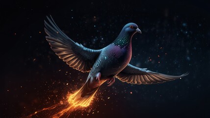 Fototapeta premium A dove with a flaming tail feathers flies through the air, symbolizing hope and freedom.