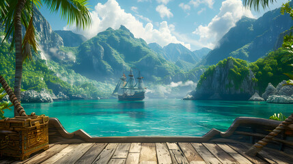 Fototapeta premium A background view from a pirate ship's deck looking towards a tropical island with a hidden Corsair treasure chest, featuring a battleship with a skull and crossbones flag