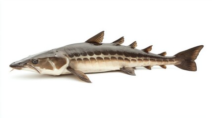 Atlantic Sturgeon exhibits its distinct body shape and patterns against a white background. The species plays an important role in aquatic ecosystems and conservation efforts.