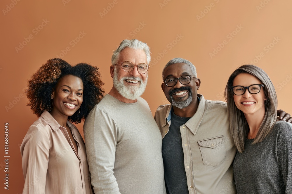 Canvas Prints Group of diverse people looking at camera and smiling while standing against orange background