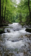 Fototapeta premium Flowing stream winding through lush green forest during bright daylight in serene nature