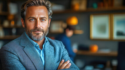 Obraz premium Portrait of a confident businessman with a gray beard in a suit, arms crossed, standing in an office environment, exuding leadership and professionalism