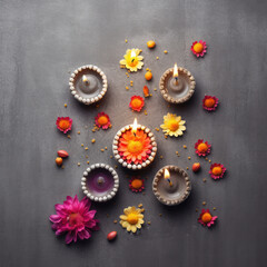 Diwali Celebration with Lit Diyas and Flowers