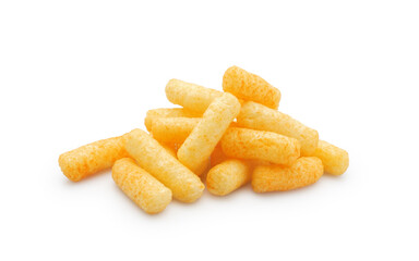 Cheesy corn puffs, crunchy snack isolated on white background