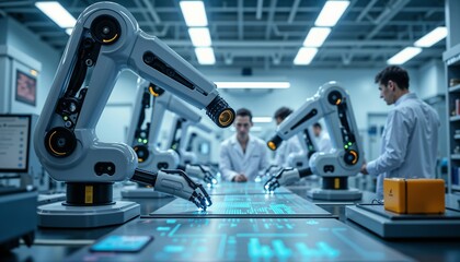 Robotic arms assembling technology components in a modern research laboratory environment