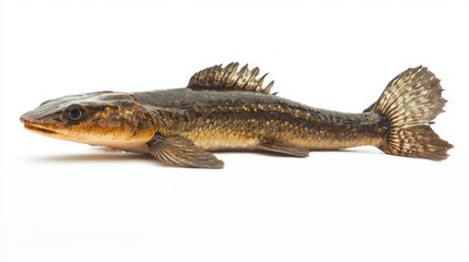 Naklejka premium high resolution capture highlights the striking details of a Bichir a unique fish species from the Polypteridae family displayed on a white background.