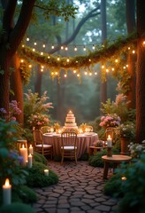 Obraz premium A magical outdoor dining setup in a forest, adorned with fairy lights and surrounded by lush greenery, perfect for intimate celebrations and romantic occasions.