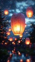 A serene night sky filled with glowing lanterns floating above a tranquil landscape, creating a magical and peaceful atmosphere.
