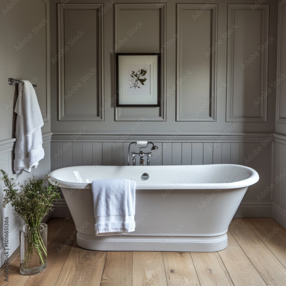 Wall mural Step into a classic bathroom that combines elegance and comfort, with a stylish freestanding tub, rich wooden floors, and a stunning art piece that enhances the ambiance and invites relaxation