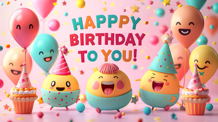 Obraz premium A group of smiling emoji wearing party hats, with the text 