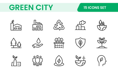 Line icons about green city. Sustainable development. Contains such icons as renewable energy, autonomous building, air and water quality.