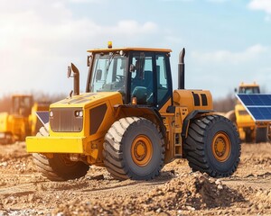 Fototapeta premium Electric-powered loader working on a renewable energy construction site, lifting solar panels, Electric loader for renewable projects, Eco-friendly, modern, efficient