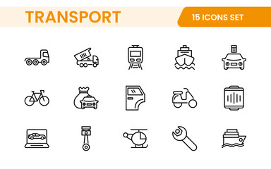 Transport icon set. Containing distribution, shipping, transportation, delivery, cargo, freight, route planning, supply chain, export and import icons. Solid icon collection.