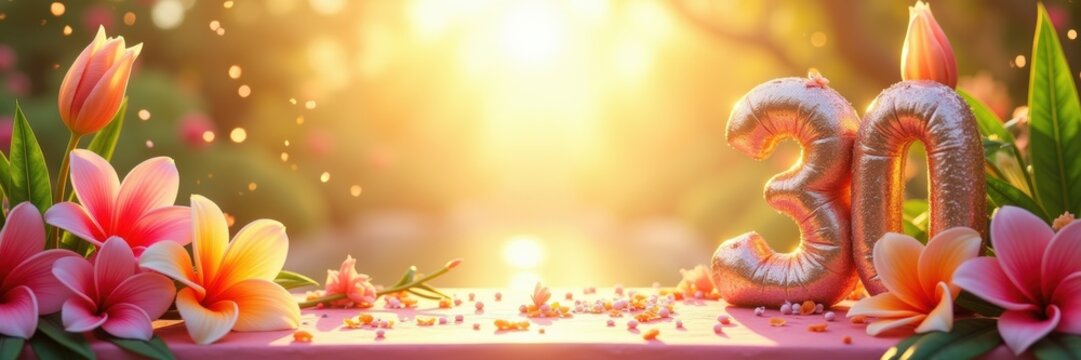 Celebrate a milestone birthday with vibrant floral decorations and a sparkling "30," perfect for invitations, event planning, or social media posts.