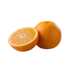 Whole and sliced oranges on a plain white background
