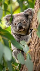 Obraz premium Close-Up of a Koala Clinging to a Eucalyptus Tree with Lush Green Leaves in the Background