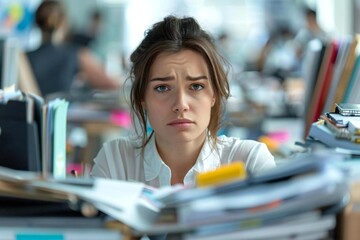 Intense close-up shot of a Caucasian woman fixating on her cluttered office desk, embodying the effects of work burnout.