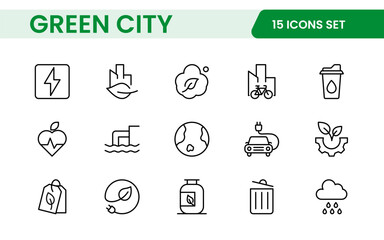Line icons about green city. Sustainable development. Contains such icons as renewable energy, autonomous building, air and water quality.