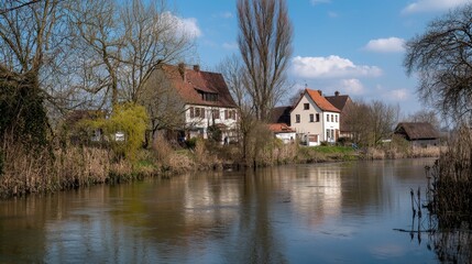 Obraz premium Tranquil riverside view at midday with charming houses and lush greenery in springtime