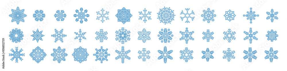 Poster Snowflake simple black line icons snow vector set. Set of snowflake icons. Christmas and New Year icon collection.