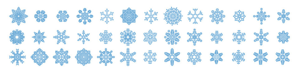 Snowflake simple black line icons snow vector set. Set of snowflake icons. Christmas and New Year icon collection.