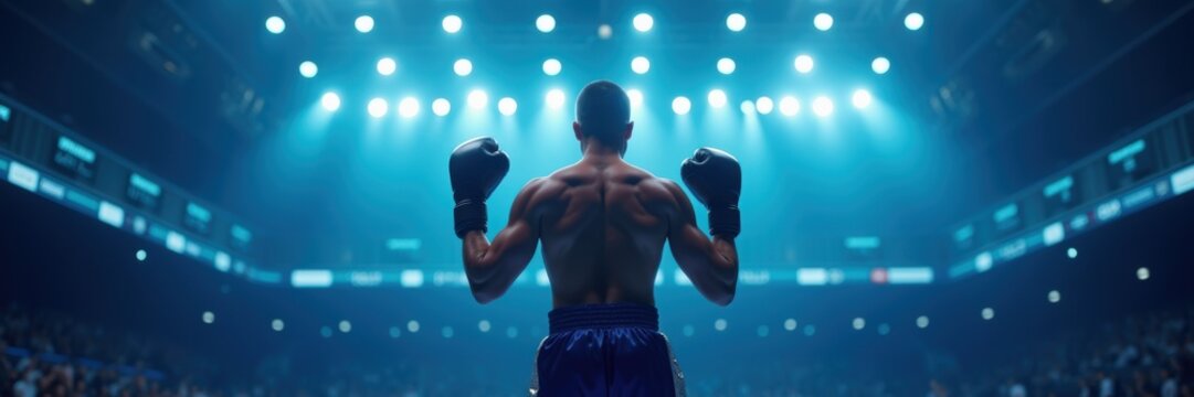 A triumphant boxer stands victorious in the ring, surrounded by vibrant lights, symbolizing strength, determination, and the spirit of competition.