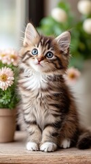 Obraz premium Fluffy Kitten with Big Blue Eyes in Soft Sunlight on Wooden Table Surrounded by Potted Plants