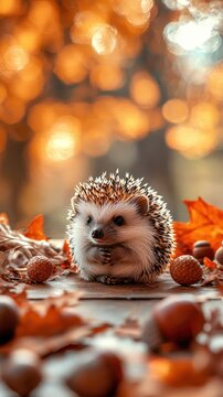 Adorable Baby Hedgehog in Cozy Autumn Setting on Wooden Table with Copy Space.