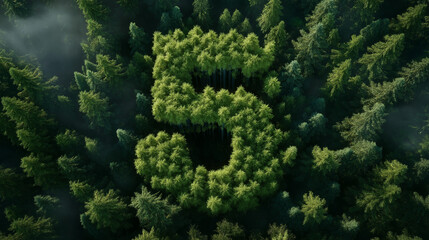 Fototapeta premium Aerial view of a forest forming the number five, surrounded by pure greenery in a pristine natural landscape