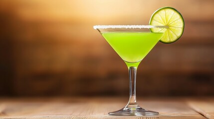 Green Apple Martini with Lime and Sugar Rim in a martini glass, with a sugared rim and a thin slice of lime for garnish, set against a wooden backdrop with natural daylight streaming in. 