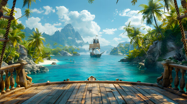 A background view from a pirate ship's deck looking towards a tropical island with a hidden Corsair treasure chest, featuring a battleship with a skull and crossbones flag