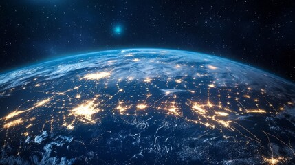 Obraz premium Digital network of Earth from space, showing light trails connecting countries and cities. generative ai