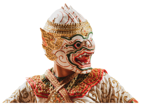 Khon Mask: A close-up of a performer wearing a traditional Khon mask, a vibrant and intricate depiction of a mythical being from Thai theater. The mask's details, including the golden accents.