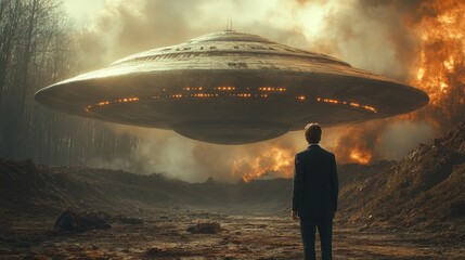 A man stands in front of a large, alien-like object in a desolate landscape