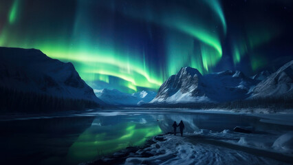 Fototapeta premium High angle side view photo of a frozen lake in the valley, at night.