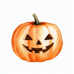 A carved Halloween pumpkin with a cheerful face on a white isolated background.