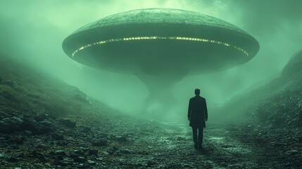 The scene is eerie and unsettling, with the alien looming over the man