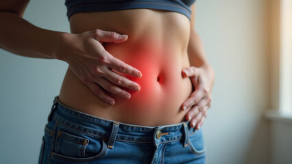 Naklejka premium Woman holding her hands on the stomach, abdominal pain, digestive problems, gastrointestinal problems