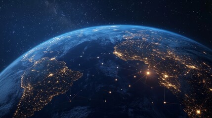 Earth at night with global connections lighting up the continents, symbolizing international communications generative ai