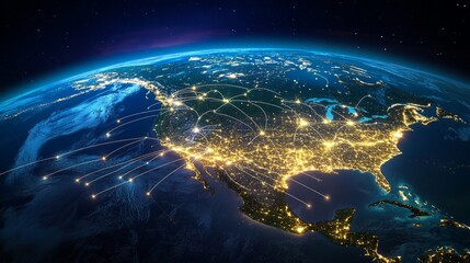 The Earth at night with interconnected lines of light across continents, representing global communication generative ai