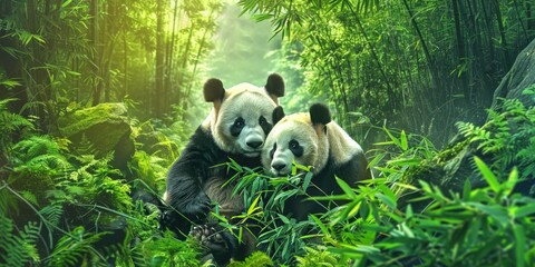 Fototapeta premium Giant panda eating bamboo in a forest habitat